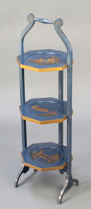 A 1930's blue lacquered chinoiserie style octagonal 3 tier folding cake stand 33" x 9 1/2" x 9 1/2" 