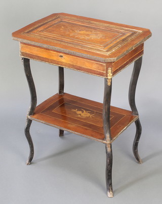 A 19th Century French rectangular inlaid and crossbanded work/dressing table, the lid inlaid a basket of flowers, the fitted interior with mirror, raised on ebonised shaped cabriole supports with undertier 29"h x 22"w x 15 1/2"  