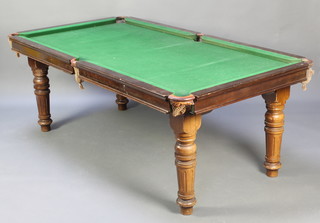 E J Riley, a 19th Century snooker/dining table raised on 4 turned supports 29"h x 77"w x 40 1/2"d 
