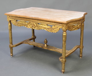 A French style oak and carved gilt wood occasional table with pierced and carved apron raised on turned supports with H framed stretcher 23"h x 38"w x 20" 