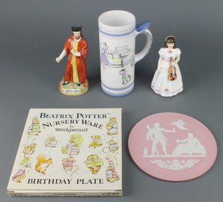 A Wedgwood pink Jasper plaque decorated with classical figures 7 1/2", a Wedgwood Beatrix Potter birthday plate, a Rye Studio pottery mug, a Staffordshire figure of shylock and a Royal Doulton figure - First Performance HN3605 
