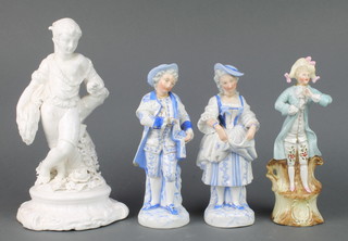 A Victorian white glazed figure of a youth standing beside a tree trunk 10", a pair of bisque figures 6" and a ditto of a gentleman 8" 