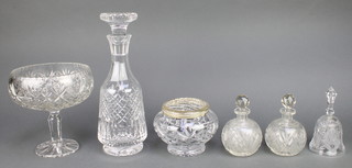 A mallet decanter and stopper 12", a pedestal bowl, rose bowl, glass bell and 2 cut glass scent bottls