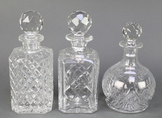 A cut glass mallet shaped decanter and stopper 9", 2 square crystal decanters 10"