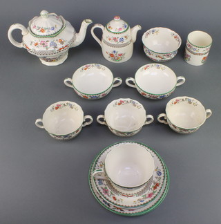 A Copeland Chinese rose pattern part tea set comprising teapot, 1 tea cup and saucer, four 2 handled bowls and 3 saucers, a small teapot, sugar bowl and slop bowl 