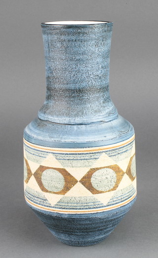 A Troika cylindrical pottery urn vase with geometric decoration decorated by Penny Black 10" 