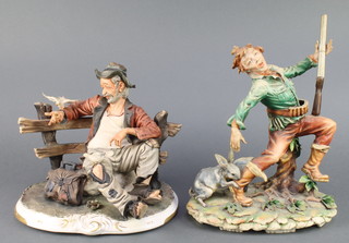 A Capodimonte figure of a seated tramp and a ditto of a hunter 11" 
