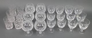 A set of 6 Thomas Webb brandy glasses, 6 glass tumblers and 12 Brierley wine glasses 
