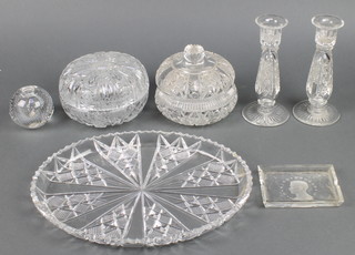 A 3 piece dressing table set, a lidded bowl, dish and paperweight 