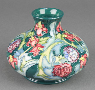 A modern Moorcroft squat oviform vase, the turquoise ground with flowers 4" 