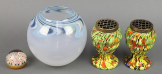 A Studio Glass vase with spiral rim 7", a pair of coloured glass vases and a paperweight
