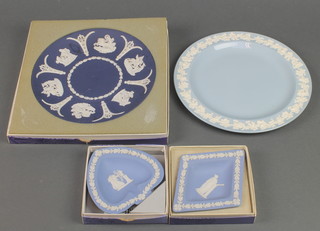 A Wedgwood dark blue Jasperware plate 7", 2 similar dishes and a dinner plate