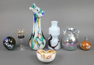 An iridescent Art Glass 4 handled vase 6", a ditto scent, 3 vases a dish and a stand raised on a spreading foot 