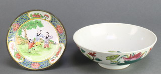A Chinese enamelled dish decorated with figures in a garden landscape with 4 character mark 4 1/2", a famille rose bowl decorated with flowers 6 1/2" 