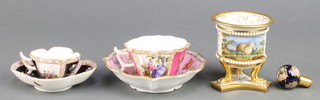 A Dresden cabinet cup and saucer decorated with fete galant views, a smaller ditto and a Paris porcelain vase decorated with sheep 