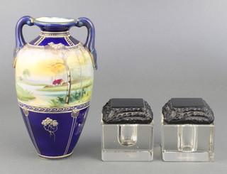 A pair of Art Deco coloured glass inkwells 2", a Noritake oviform vase with landscape view 6" 
