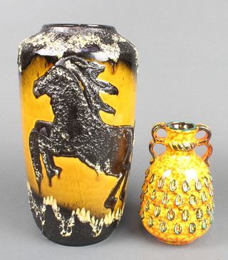 A German lava vase decorated with a horse 15" and a ditto 2 handled vase 7" 