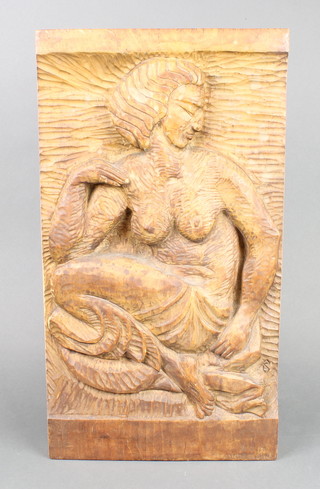 Cyril Saunders Spackman, a low relief carved oak panel of a semi-clad naked lady, monogrammed 20" x 11" 


