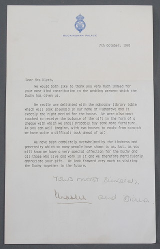 Of Royal Interest, a wedding present thank you letter signed and dated 7th October 1981, personally signed in ink "yours most sincerely Charles and Diana", from a local house clearance