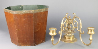 A 19th Century brass twin light candelabrum 8" together with an octagonal mahogany and brass mounted waste paper basket 9" x 11" 