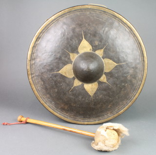 A circular Chinese bronze gong 20" and a beater (head damaged) 