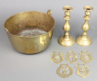 A pair of 18th/19th Century brass candlesticks 8", brass preserving pan 10" (handle missing) and 5 horse brasses 