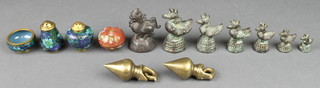 2 bronze opium weights 3", a bronze figure of a stylised bird 2 1/2", small items of cloisonne etc 