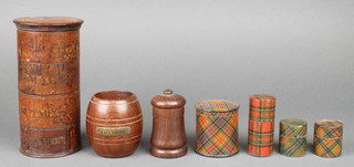 A Victorian 4 section turned wooden spice tower 7" x 3 1/2" (crack to side), 4 cylindrical tartan ware jars and covers, a turned teak spill vase formed from teak from HMS Terrible 3 1/2" together with a turned wooden jar and cover