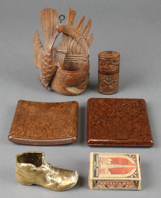 A carved wooden wall pocket in the form of a game bag with pheasant 6", 2 Bakelite crescent shaped cigarette cases etc 