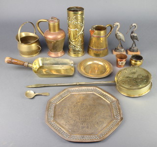 A First World War Continental brass trench art shell case with embossed decorated, base dated 1917 9", a circular waisted brass and copper banded jug 5 1/2" and a collection of various brassware