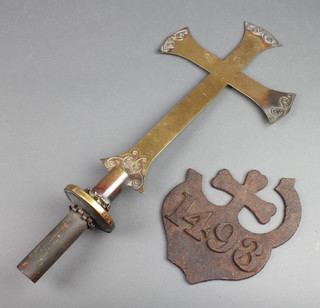 A German brass processional cross the reverse marked Gedenkkuis V.D. Nederl  Vluchtelingen 23" x 10" together with a  cast iron "grave plot" marker 9" x 7" marked 1493 (f) 