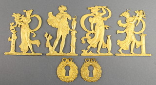 Two 18th/19th Century gilt ormolu furniture escutcheons in the form of laurel leaves 1" together with 4 others decorated pan and 3 classical ladies 3 1/2" x 2 1/2" 