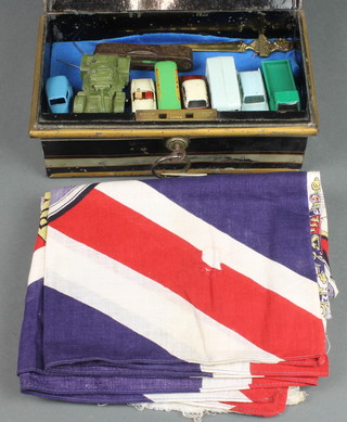 A metal cash box containing a small collection of Lesney and other model cars, a small spirit level, an Edward VIII brass letter opener, 5 Ranks flour bags and a ditto McDougals, 2 printed flags for the George V 1935 Jubilee  22" x 34" (1 with hole) 
