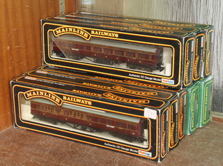 5 Mainline LMS 57 OO gauge carriages, 1 other together with 2 replica railway carriages no.12251 50 parcel vans LMS