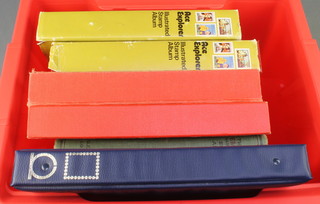 A red plastic crate containing 6 albums of various World stamps