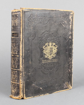 A Victorian leather Holy Bible 1862, the cover decorated the arms of the Bishop of Bristol and marked The gift of Dr John Hall late Lord Bishop of Briftoll (as spelt) 