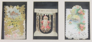 3 framed Victorian Christmas cards, framed together,  9" x 17" 
