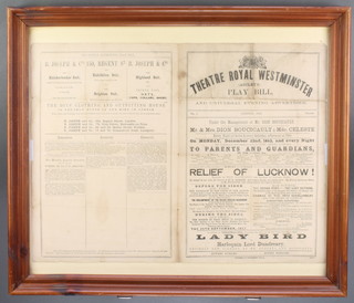 A framed Victorian Theatre bill for The Theatre Royal Westminster London 1862 featuring The Relief of Lucknow 15" x 19 1/2" (some light creases and staining) and 1 other The Royal Gardens Cremorne 15" x 19" (light creasing) 
