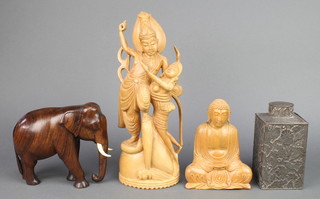 A carved Indian hardwood figure of standing elephant 6", carved Burmese hardwood figure of gentleman and attendant 13", ditto Buddha 6" and a pressed metal caddy 5" 