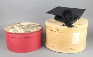A gentleman's black bowler hat by Trionfo size 7 contained in a card hat box, a mortarboard by Shepherd & Woodward Ltd, a circular Cova hat box containing a Mackenzie wool tartan beret, a fur hat, fur fascinator etc 
