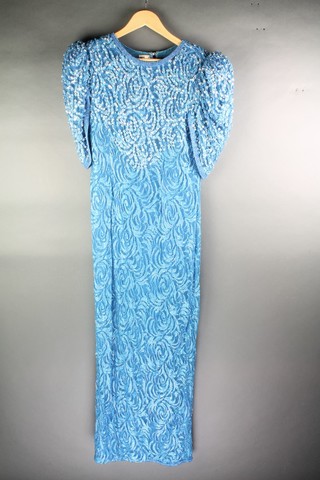 Judith Ann Creation, a blue bead work evening dress, medium size 