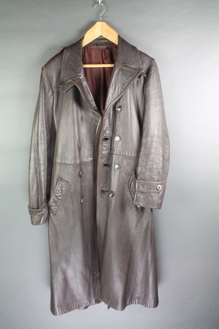 A gentlemen's brown leather double breasted trench coat approx. size 30? together with a lady's brown double breasted belted tweed coat 