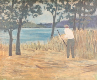  20th Century oil on canvas, unsigned, a haymaker beside a lake 19" x 23" 