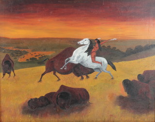 20th Century oil on canvas, unsigned, a native American Indian hunting buffalo 15" x 19" 