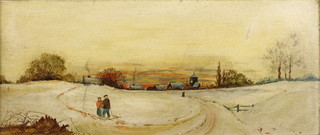 Edwardian oil on board, monogrammed, figures in a winter landscape 6" x 14" 