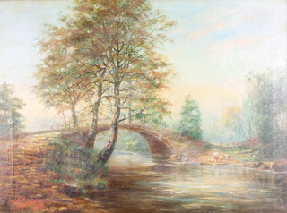 B Robertson, oil on canvas, river landscape with figures 14" x 19" 
