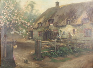 Frank Brooks, oil on canvas, figures before a thatched cottage 14" x 19" 