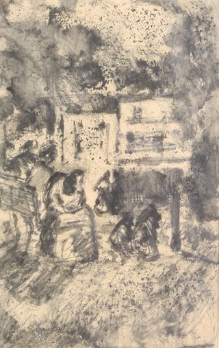 Isidro Nonell, ink study of figures in a park, label on verso  10" x 6" 
