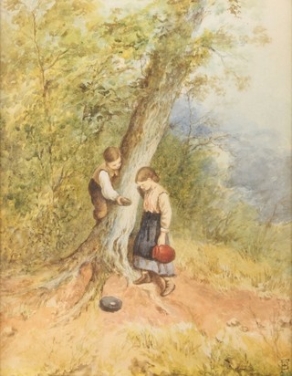 In the manner of Birket Foster, watercolour, bearing a monogram, children in a country setting 8 1/2" x 6 1/2" 