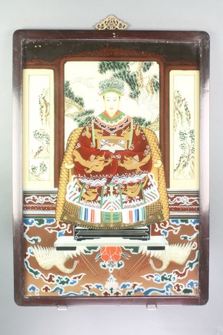 20th Century Chinese reverse paintings on glass of ancestors in hardwood frames with pierced brass hooks 25" x 17" 